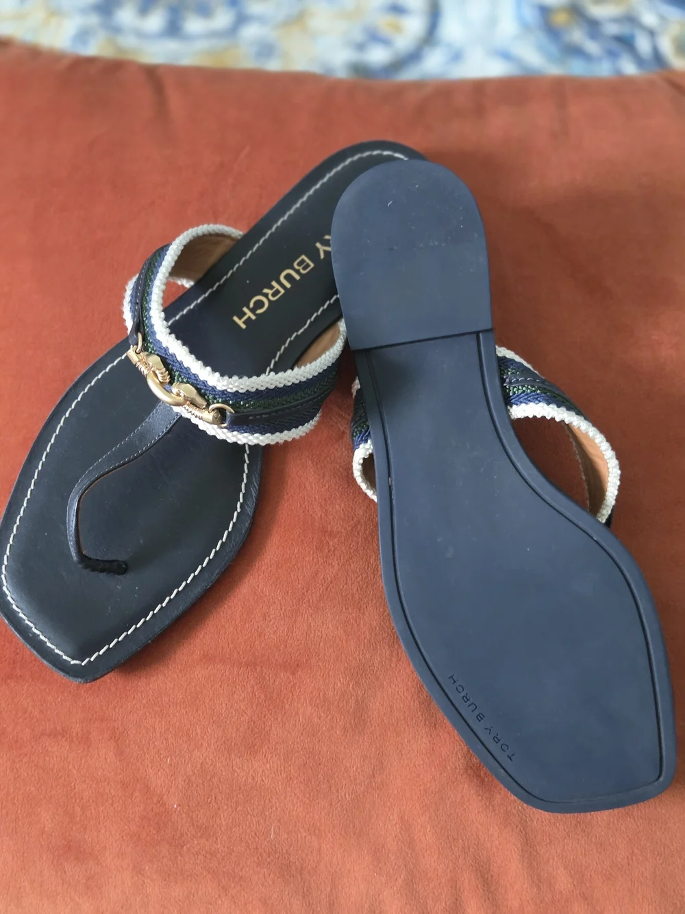 Tory Burch Navy Braided-Trim Chain Thong Sandals